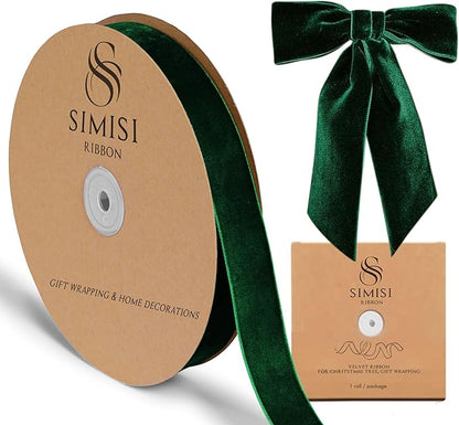 Dark Green Velvet Ribbon 1'' 25 Yards for Christmas Tree, Gift Wrapping, Flower Bouquet, Wreath Decorations, Bow Making