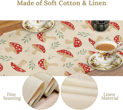 Mushroom Table Runner,Vintage Plant Print Table Runner for Kitchen Dining Table Home Party Decoration 13x72 Inch