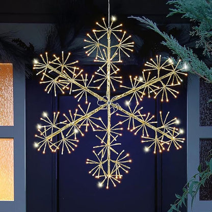 30’’ Christmas Snowflake Lights Outdoor, Pre-lit 240Pcs Warm White LEDs Hanging Golden Snowflake Decoration for Home Indoor Outdoor Window Silhouette