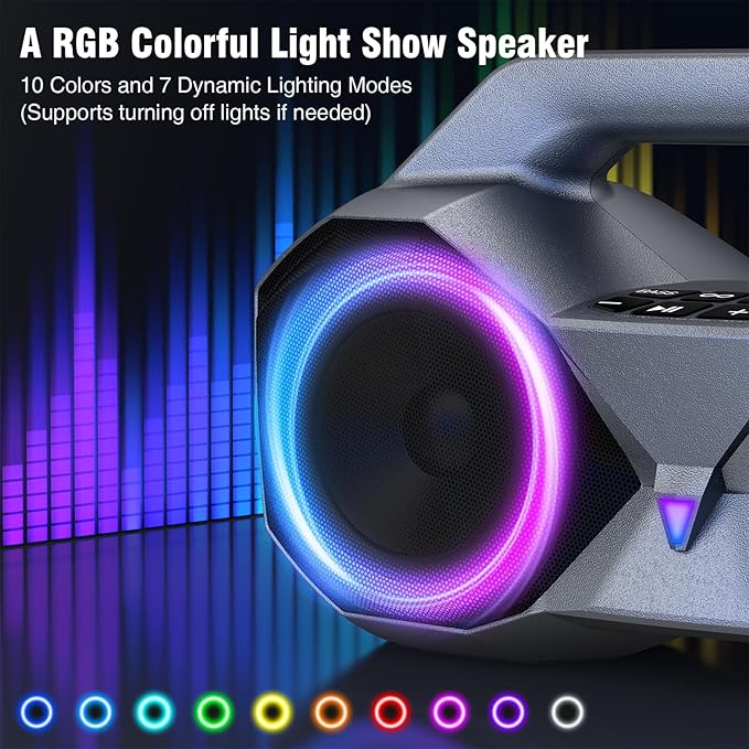 KMAG Bluetooth Speaker Wireless, 80W Loud Speaker with Deeper Bass, IPX7 Waterproof, 20H Playtime, Cool Lights, TWS, Portable Speaker for Home, Outdoor, Workshop, Party, Gift for All (Sliver)