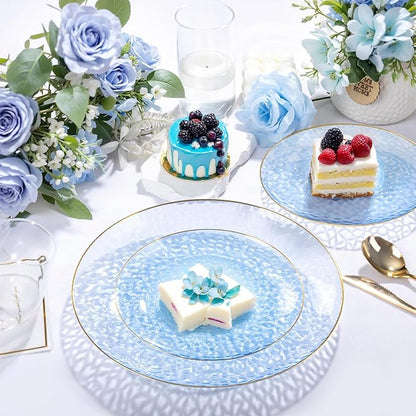 Rubtlamp 60 Pieces Blue Gold Plastic Plates - 10 inch Blue Plastic Dinner Plates - Hammer Pattern Design - Fancy Clear and Gold Disposable Plates Ideal for Wedding & Party
