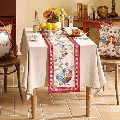 patdrea Designer Farmhouse Linen Table Runner, Rustic Cottage Mauve with Rooster and Floral Pattern Fabric Table Mat, Decoration for Kitchen Dining Coffee Table Banquet Christmas , 12"*71"