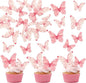 Ephlyn 40Pcs Edible Butterfly Cupcake Toppers 3D Butterfly Cake Picks Mixed Color Cake Decorations for Baby Shower Wedding Kids Birthday Party Supplies Pink