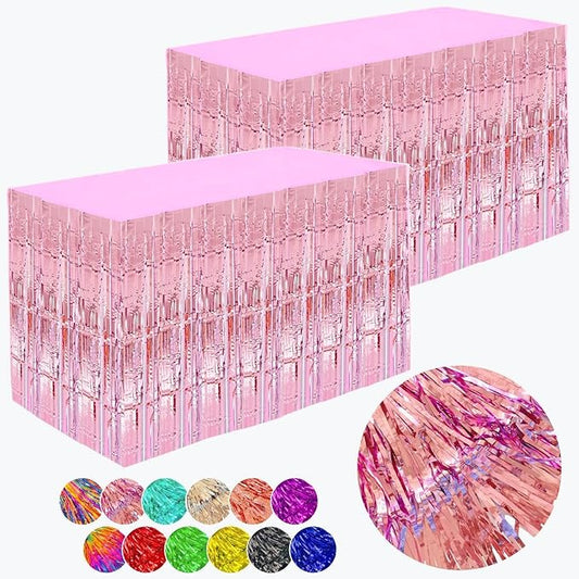 Pink Streamers Party Decorations, 2 Packs Pink Table Skirts Metallic Foil Fringe Tinsel for Birthday Bachelorette Girl Baby Shower Fiesta Float Parade Graduation Party Supplies -29x108Inch