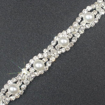 PEARLY JUN 2 Yards Pearl Rhinestone Trim Chain Silver Crystal Fringe Diamond Applique Ribbon String Tassel Strip for Sewing Wedding Dress Crafting Crafts Flower Embellishments