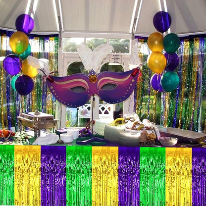 4 Pack 29x108 Inch Mardi Gras Metallic Foil Fringe Tinsel Table Skirts for Rectangle Tables Streamer Backdrop for Wedding, Birthday, Parade Floats, Valentine's Day Party Decoration(Gold Green Purple)
