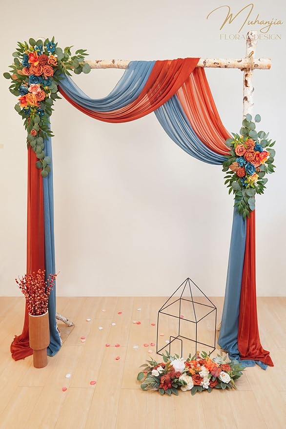 Artificial Wedding Arch Flowers Kit(Pack of 4),2Pcs Artificial Flower Arch Decor, 2Pcs Chiffon Fabric Drapes, Ceremony Decoration, Floral Outdoor Party Decor (Burnt Orange & Dark Teal)