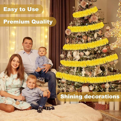 25 Feet Macaron Yellow Christmas Tinsel Garland, Metallic Foil Twist Banner Wall Hanging Tinsel Streamers Backdrop for Parade Floats, Christmas, Mother's Day, Birthday Party Decorations(4in x 25ft)