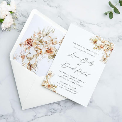 PONATIA 50PCS A7 Euro Flap Ivory Envelope, 5.25 x 7.25'' Boho Flowers Liner Envelopes for Wedding Invitations, Photos, Postcards, Greeting Cards, Acrylic Mailing, 5 x 7 Envelopes