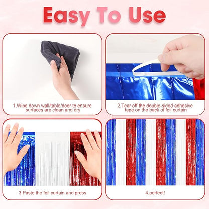 2 Pack Red White and Blue Tinsel Foil Fringe Curtains, 4th of July Decorations, Metallic Tinsel Party Streamers Backdrop for Patriotic, Memorial Day, Independence Day Party Decorations