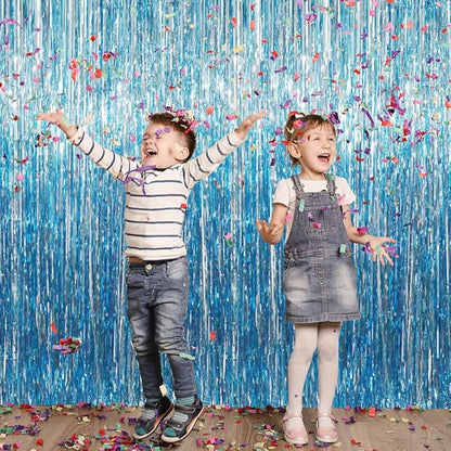 GOER 3.2 ft x 8.2 ft Metallic Tinsel Foil Fringe Curtains Party Photo Backdrop Party Streamers for Birthday,Graduation,New Year Eve Decorations Wedding Decor (Light Blue,3 pcs)