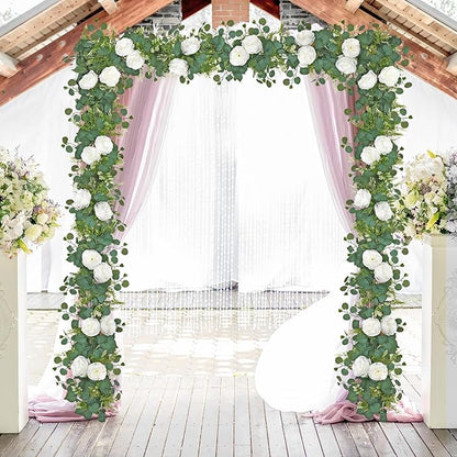 4PCS 6.23FT Artificial Eucalyptus Garland with Peony Flowers Fake Vines Floral Greenery Garland White Peonies Artificial Flowers for Centerpiece Table Runner Wedding Decor (White, 4PCS)