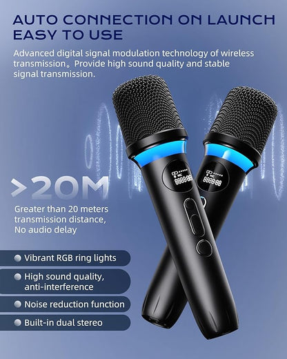 Karaoke Machine,IPX5 Waterproof Portable Bluetooth 5.3 Speaker with 2 Wireless Microphones for Adults & Kids,60W PA System Supports TWS/TF Card/USB/AUX/Live for Home Party-Black