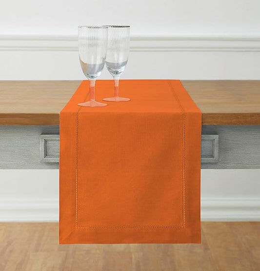 Solino Home Cotton Linen Pumpkin Table Runner 72 Inches Long - Hemstitch Table Runner 14 x 72 Inch for Dresser, Dining, Fall, Autumn, Halloween, Thanksgiving, Holiday