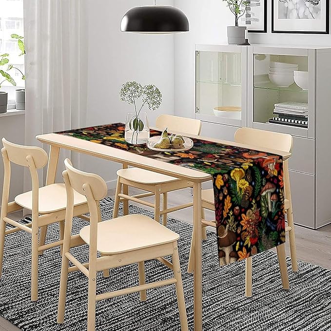 Nature Mushroom Table Runner,Retro Boho Floral Botanical Plant Forest Pattern Print Tablecloth Burlap for Hotel Indoors Outdoor Dining Room Kitchen Holiday Party, 13x108in