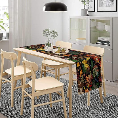 Nature Mushroom Table Runner,Retro Boho Floral Botanical Plant Forest Pattern Print Tablecloth Burlap for Hotel Indoors Outdoor Dining Room Kitchen Holiday Party, 13x80in