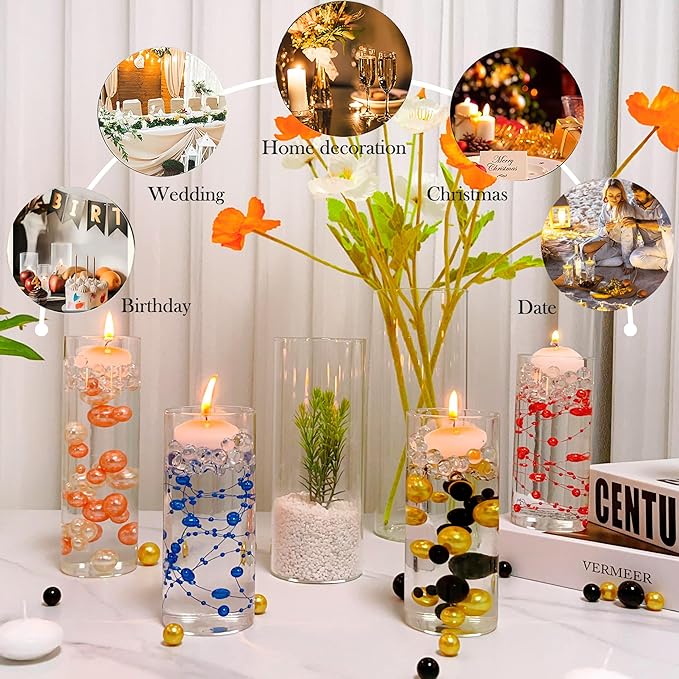 UDU Set of 16 Cylinder Glass Vases and 24 Pcs Floating Candles for Centerpiece, 4,6,8,10 Inch Tall Clear Hurricane Candle Holder Glass Vases for Centerpiece Table Wedding Home Decor