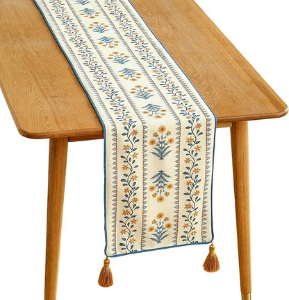 ISAENNE Designer Pale Yellow Elegant Linen Table Runner 87 Inches Long,French Floral Pattern Elegant Table Runners for Dining Tables,Thanksgiving,Kitchen Tables,Christmas,12"*87"-Estevan A