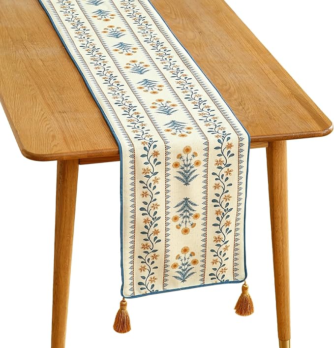 ISAENNE Designer Pale Yellow Elegant Linen Extra Long Table Runner 118 Inches,French Floral Pattern Elegant Table Runners for Dining Tables,Thanksgiving,Kitchen Tables,Christmas,12"*118"-Estevan A
