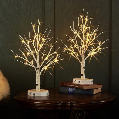 LITBLOOM 2 Sets Lighted Tabletop Birch Tree with Timer USB Plug-in or Battery Operated, Easter Tree Lights 18IN 24 LED for Wedding Party Christmas Table Decoration