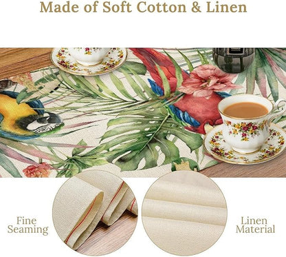 Parrot Table Runner,Tropical Palm Leaf Colorful Macaw Bird Watercolor Print Tablecloth Burlap for Hotel Indoors Outdoor Dining Room Kitchen Home Decor,W13X L80 in