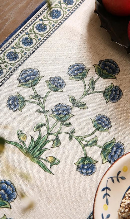patdrea Designer Blue Rustic Elegant Floral Patterned Linen Table Runner 102 Inch Long,Wrinkle Resistant Table Mat,Decoration for Kitchen Dining and Coffee Tables Banquet Christmas ,12"x102"