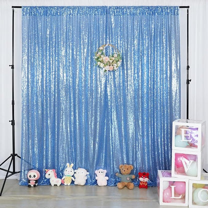 Poise3EHome Blue Sequin Backdrop,10FT x 10FT Sequin Photography Backdrop Curtain for Party Decoration, Baby Blue