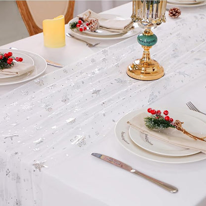 Snowkingdom Christmas Snowflake Cheesecloth Table Runner Silver 120 Inch Sheer Chiffon Gauze Runner, Winter Decorations Sparkly Sequin Metallic Party dining Table for Christmas Winter Holiday New Year