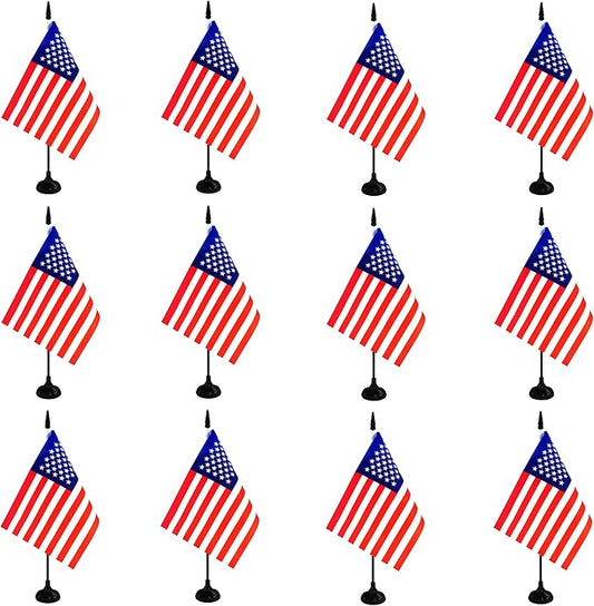 America USA Desk Flag, 12 Pack American Table Office Flag with Black Solid Pole and Stand Base, International Country Flag, 4th of July, Classroom Meeting Desktop Decor (USA)