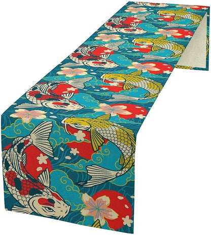 Japanese Kio Fish Table Runner Oriental Tradition Cherry Art Printed Burlap Runner Home Kitchen Dining Table Living Room Decor Fabric 1 Panel W13xL108in
