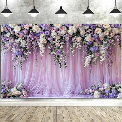 7x5ft Purple Lavender Floral Bridal Backdrop Wedding Flower Photography Backdrop for Girl Portrait Baby Shower Birthday Party Decor Banner Mother's Day Party Wall Backdrop Studio Photo Backgrounds
