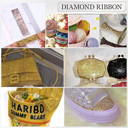 Rhinestone Ribbon 3 Yards Self Adhesive Rhinestone Strips Diamond Ribbon Sticker Crystal Roll Glitter Bling Rhinestones Tape for Crafting DIY Art Decoration (Gold,0.6 Inch)