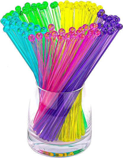 100-PCS 5 Colol Plastic Swizzle Sticks, Crystal Cake Pops, Cocktail Coffee Drink Stirrers, Stir Sticks, 7.24 Inch (Pink, Yellow, Blue, Purple, Green)