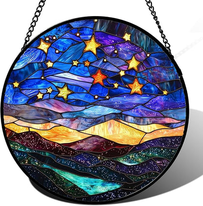 Stained Glass Window Hanging, Blue Sky Gold Stars Abstract Landscape Suncatcher for Doors Window Home Sun Catchers Decor Mother's Day Birthday Gifts for Women, Men Mom 15 in