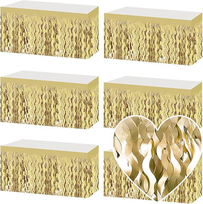 6 Pack 29x108 Inch Light Gold Wave Foil Fringe Table Skirts Metallic Banner for Tinsel Streamer Garland Backdrop for Parade Floats Wedding, Mother's Day, Birthday Mardi Gras Party Decorations