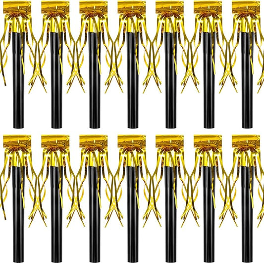 Skylety 18 Pcs Party Blower Noisemakers Party Squawkers Blowouts Whistles Fringed Noise Maker Musical Blowouts for Birthday Supplies(Black and Gold)