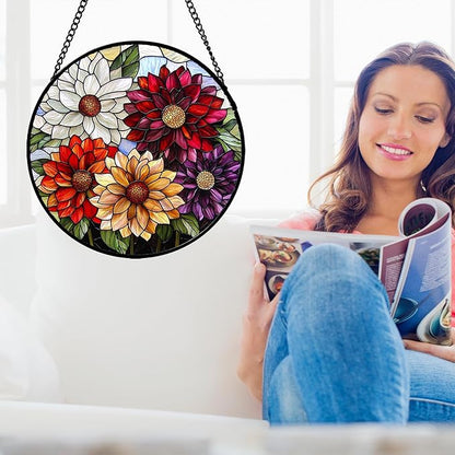 Stained Glass Window Hanging, Colorful Flowers Sun Catcher for Window Door Home Decor Plant Suncatcher Christmas Mother's Day Birthday Gifts for Women Men Mom and Nana 7.8 in