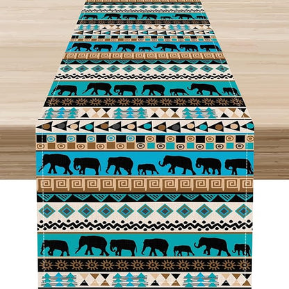 Boho Table Runner, Rustic Aztec Blue Teal African Elephant Tribal Ethnic Native Farmhouse Table Center Decor for Home Kitchen Dining Patio Holiday Party Indoor Outdoor Table Decorations, 13"x72" Inch