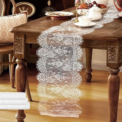 3 Pcs White Lace Table Runners 14 x 120 Inch Boho Rose Embroidered Floral Vintage Rustic Table Decoration for Wedding Party Bridal Shower Decorations
