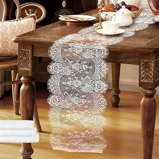 3 Pcs White Lace Table Runners 14 x 120 Inch Boho Rose Embroidered Floral Vintage Rustic Table Decoration for Wedding Party Bridal Shower Decorations