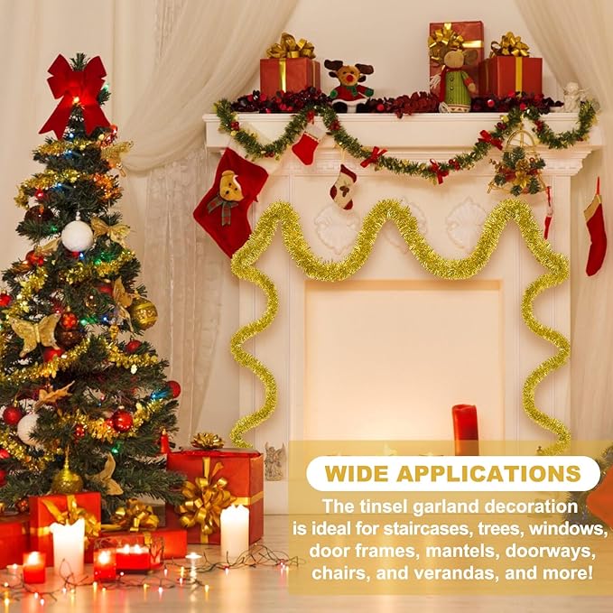 25 Feet Gold Christmas Tinsel Garland, Metallic Foil Twist Banner Wall Hanging Tinsel Streamers Backdrop for Parade Floats, Christmas, Mother's Day, Birthday Party Decorations(4in x 25ft)