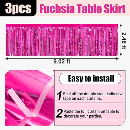 3 Pack 29x108 Inch Rose Red Foil Fringe Table Skirts Metallic Banner for Tinsel Streamer Garland Backdrop for Parade Floats Wedding Thanksgiving Birthday Christmas Halloween Party Decoration