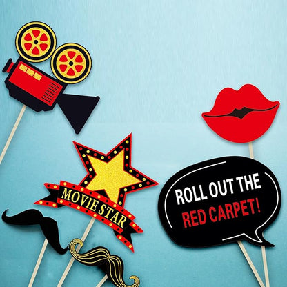 34pcs Hollywood Themed Movie Night Party Photo Booth Props, Hollywood Selfie Frame with Party Photo Props, Red Carpet Cutouts Cards Table Toppers Theme Decor Movie Night Party Supplies