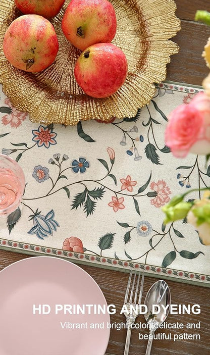 ISAENNE Designer Chinoiserie Elegant Linen Floral Table Runner 102 Inches Long,White Wrinkle Resistant Table Runners for Dining Tables,Thanksgiving,Kitchen Tables,Christmas,12"*102"-Daffy A