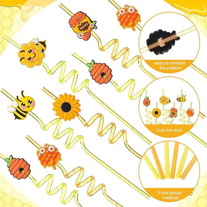 Yungyan 24 Sets Honey Bee Party Favors Goodie Cups with Lids and Straws for Birthday Decorations Reusable 16oz Plastic Candy Cups Plastic Straws for Birthday Party(Bee)