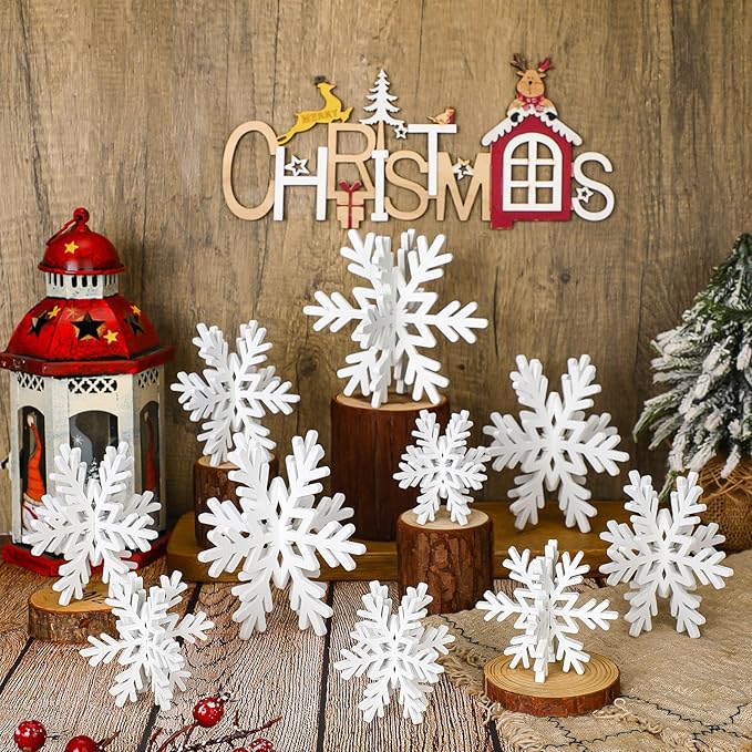 Qunclay 20 Pcs Wooden Snowflake Decorations 3D Snowflake Tabletop Decor Christmas Signs and Centerpiece for Winter Wonderland Decorations Xmas Tiered Tray Decor(White)