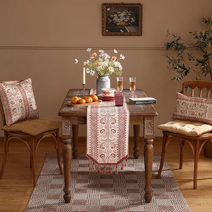 ISAENNE Designer Vintage Linen Extra Long Table Runner 118 Inches,Red Floral Pattern Modern Decor Table Runners for Dining Tables,Thanksgiving,Kitchen Tables,Christmas,Banquet,12"*118"-Chamonix A
