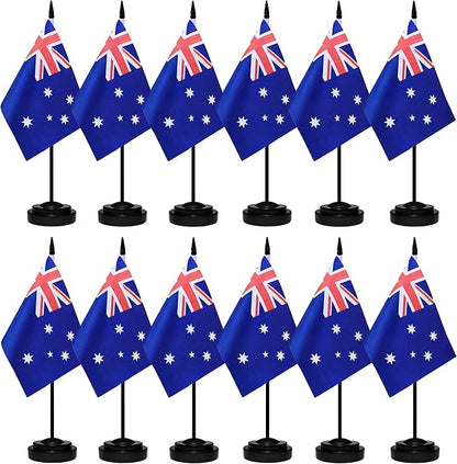 12 Pack Australia Desk Flags Set, Australian Small Mini Table Office Flags with 12" Solid Black Pole, 8.2 x 5.5 Inches, Home and Office Decoration, Festival Celebrations