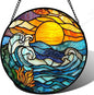 Stained Glass Window Hanging, Orange Sun Blue Sea Waves Landscape Suncatcher for Doors Window Home Sun Catchers Decor Mother's Day Birthday Gifts for Women, Men Mom 15 in
