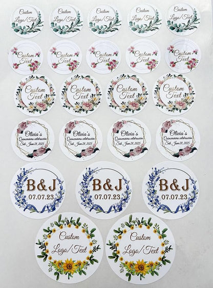 Custom Stickers for Weddings, Birthdays & Businesses - Personalized Labels with Your Logo - Waterproof, Fade and Heat Resistant - Pack of 100-1000 (Wreath I, 2.5 Inch)